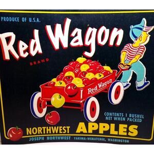 Red Wagon Apple Fruit Crate Label Boy Carts Red & Gold Bushel 1940's Vintage